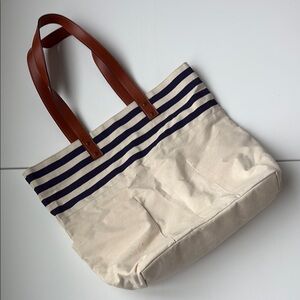 Striped Cotton Canvas Tote Bag with Faux Leather Handles 14 h x 17 l x 5…